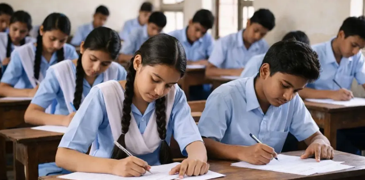 एक कक्षा का दृश्य जहाँ नीली और सफेद वर्दी पहने स्कूली छात्र और छात्राएं अपनी डेस्क पर बैठकर परीक्षा दे रहे हैं। छात्र पूरी एकाग्रता के साथ कागज पर लिख रहे हैं।