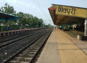 शिवपुरी रेलवे स्टेशन के एक खाली प्लेटफॉर्म का दृश्य है। प्लेटफॉर्म के ऊपर लगे पीले रंग के बोर्ड पर बड़े अक्षरों में हिंदी में "शिवपुरी" लिखा हुआ है। प्लेटफॉर्म के किनारे दो रेल पटरियाँ बिछी हुई हैं। कुछ यात्री प्लेटफॉर्म पर खड़े दिखाई दे रहे हैं, और दाईं ओर रेल की पटरियों के समांतर पेड़ों की एक कतार और बिजली के खंभे नजर आ रहे हैं।